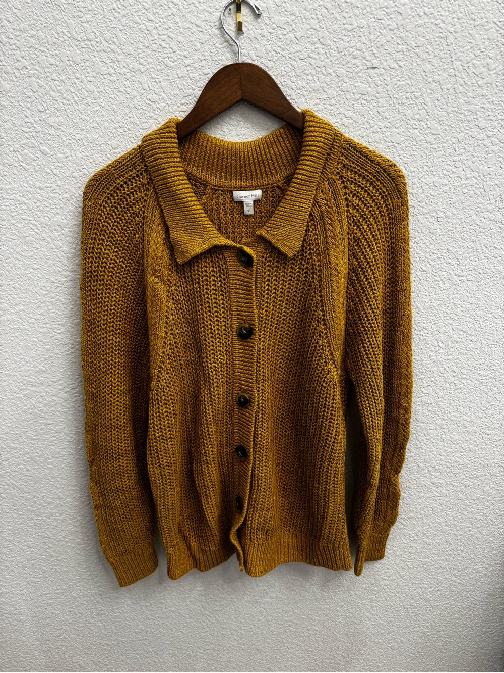 Garnet Hill Maren Linen & Organic-Cotton Button-Front Cardigan in Brass Gold L